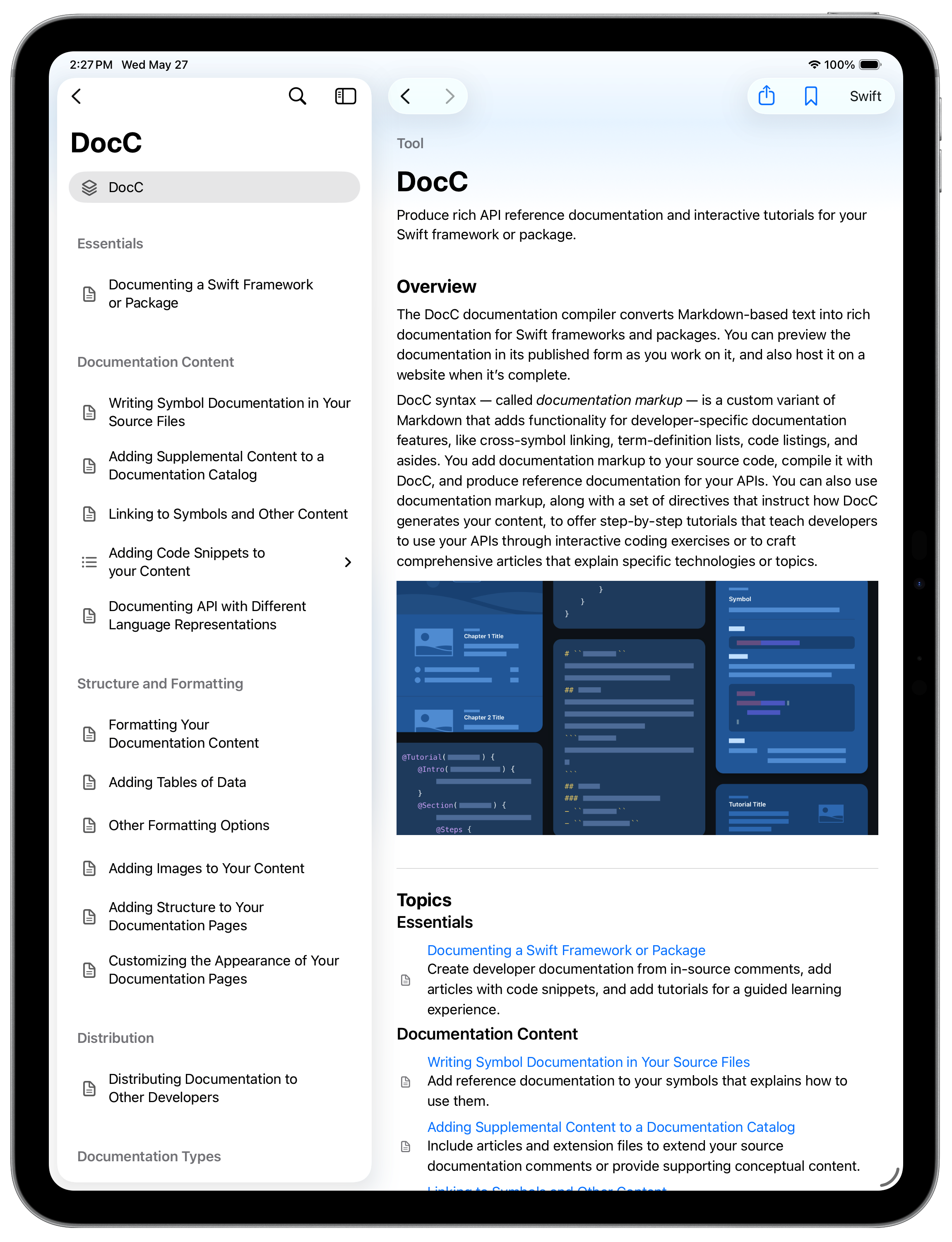 DocB on iPad showing DocC documentation